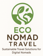 Logo for Eco Nomad Travel showing a green leaf and globe symbol above the brand name with the tagline “Sustainable Travel Solutions for Digital Nomads.”