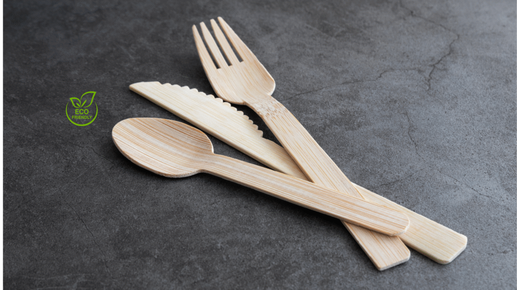 Bamboo travel cutlery set with ‘eco friendly’ label on the pouch, reusable and lightweight.