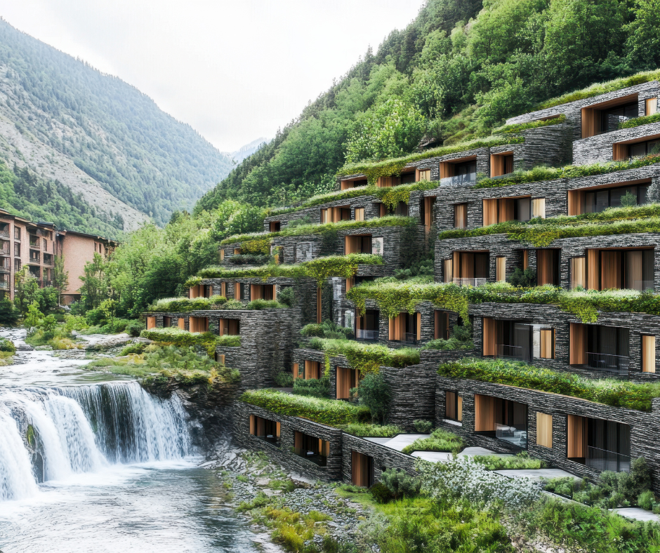 Cliffside eco-lodge rentals built into caves beside a tropical waterfall