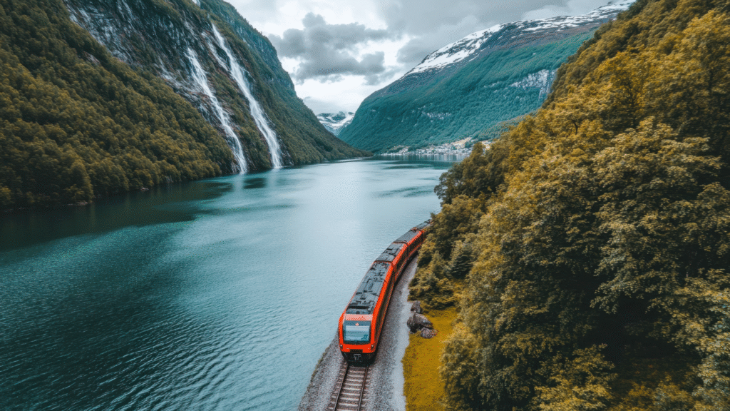 Electric train gliding through dramatic Norwegian fjords on a clear summer day