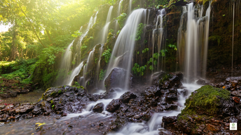Lush Bali waterfall in a tropical jungle setting, illustrating ecotourism vs regular tourism in a real-world nature destination.