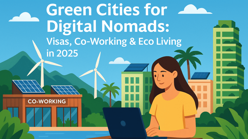 Digital illustration of eco-friendly cities with greenery, laptops, and co-working spaces — ideal for digital nomads in 2025.