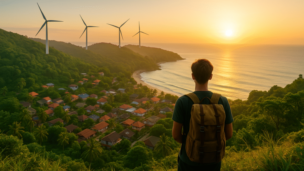 Traveler overlooking a sustainable coastal village powered by wind energy — symbolizing the future of sustainable tourism in 2025.