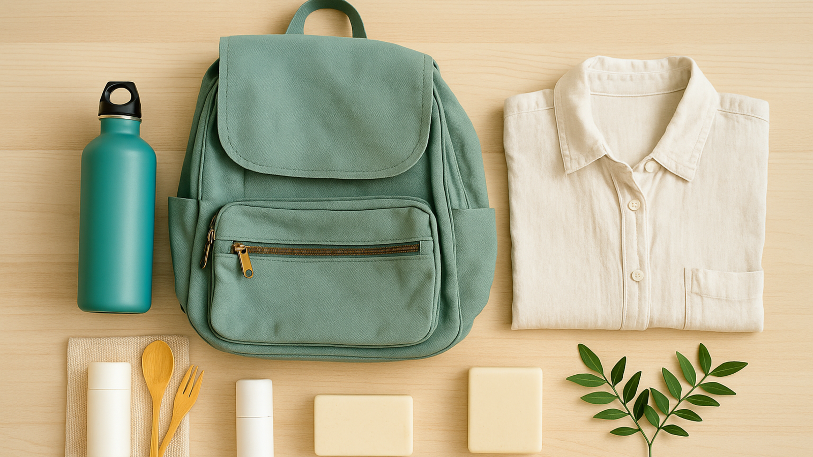 Eco-friendly travel packing scene with refillables, light layers, and low-waste gear for sustainable travel in 2025