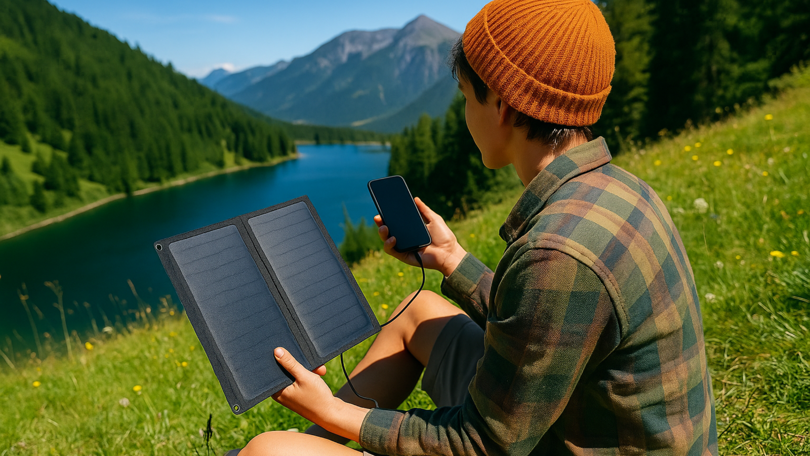 Traveler charging phone with a solar panel in a scenic mountain valley — eco-friendly travel accessory.