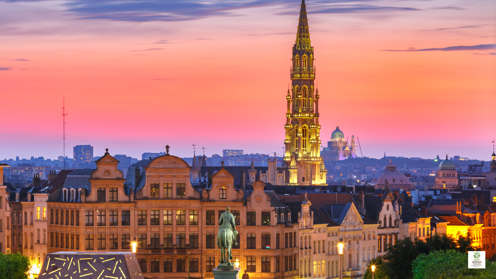 Brussels city skyline at sunset in Belgium, highlighting a central rail hub on a European low-flight travel itinerary in 2025