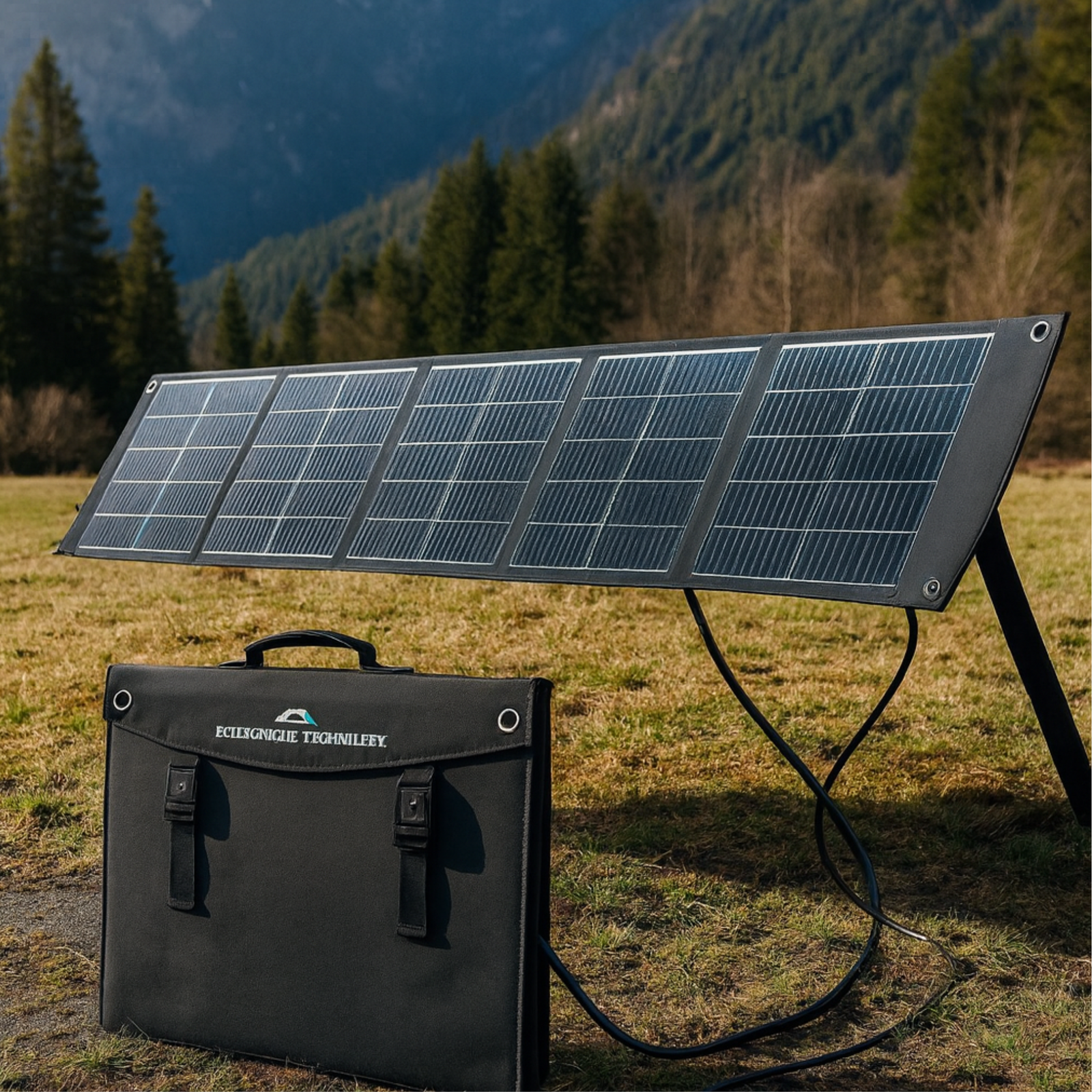 Foldable 200W solar panel and carrying case set up on grass in front of forested mountains, powering eco nomad tech.