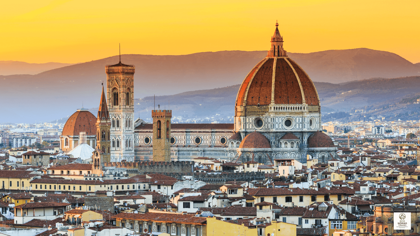 Sunrise view over Florence, Italy with the Duomo and terracotta rooftops, showing a classic stop on a European rail-first flight-free travel itinerary in 2025