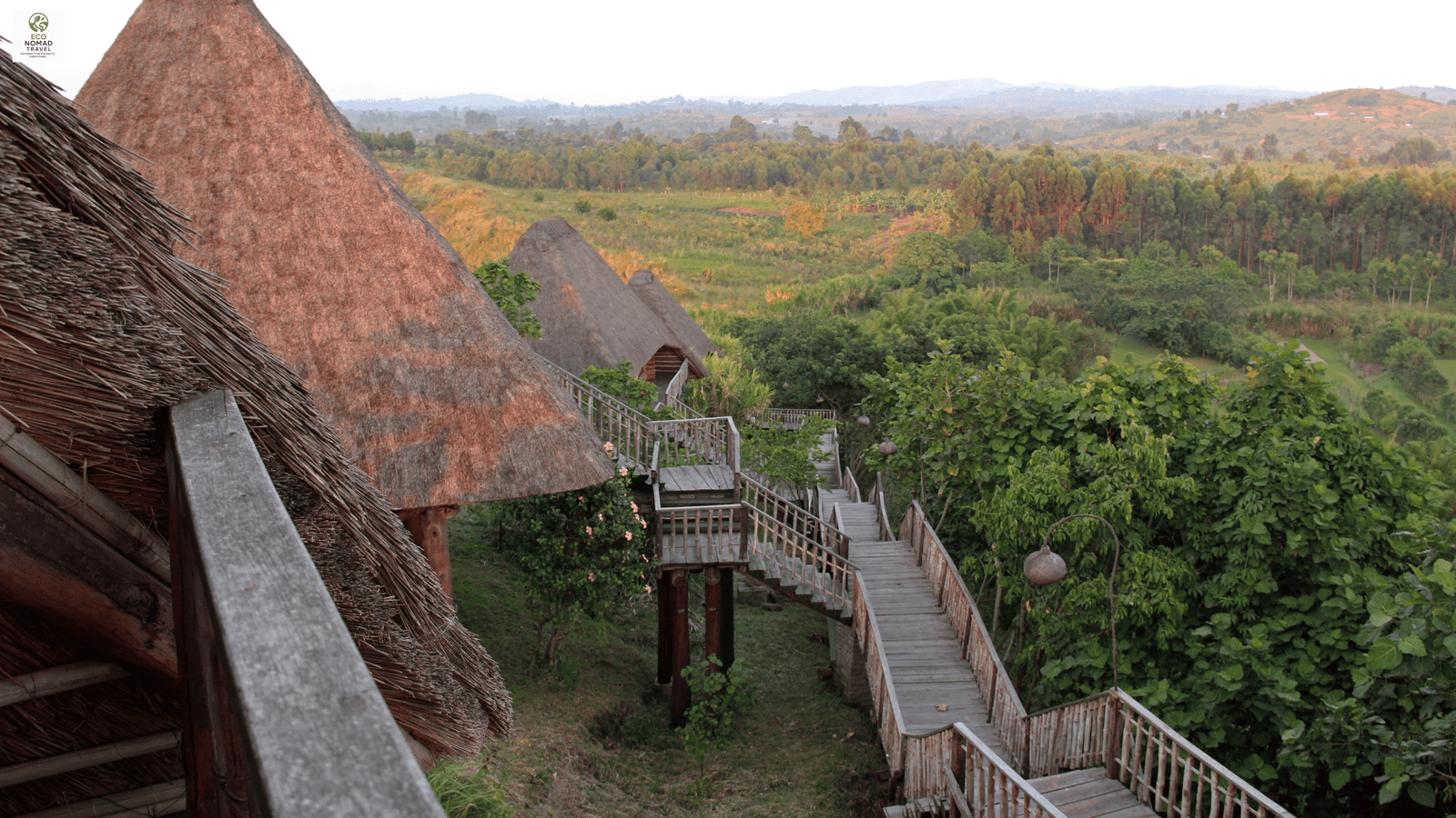 Panoramic view of Lake Bunyonyi, Uganda, with hillside eco-suites for remote workers
