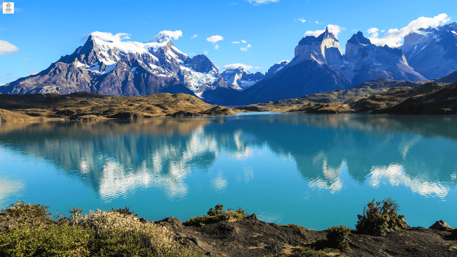 Lake Pehoé in Patagonia with turquoise water and mountain backdrop