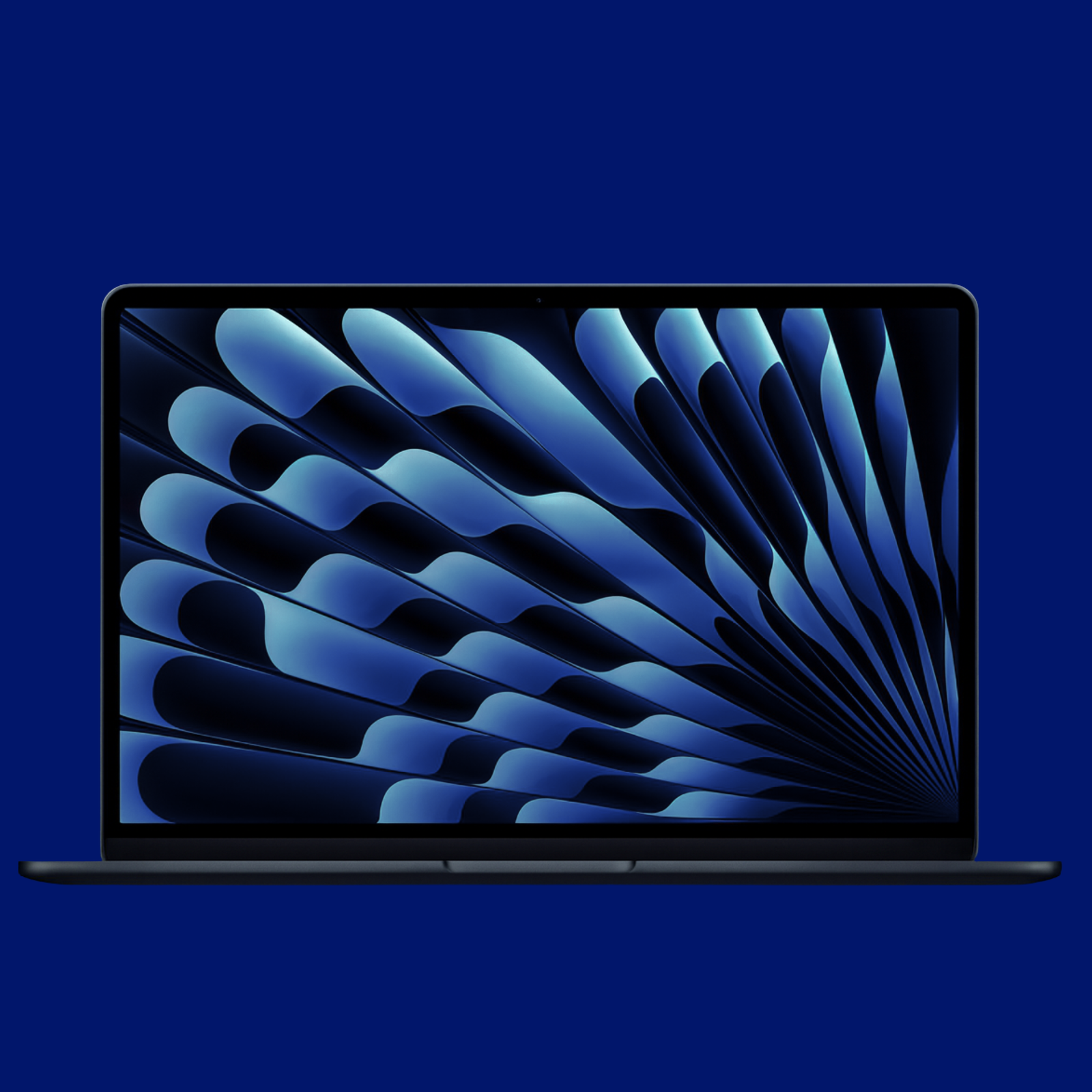 Slim low-energy laptop with vivid blue display on a dark blue background, used as main work device for eco nomads.