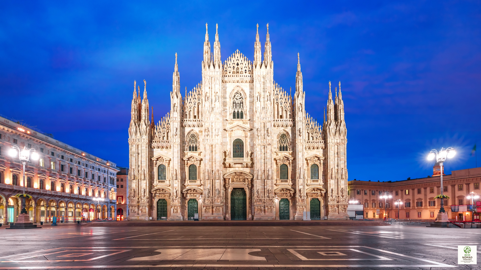 Milan Cathedral in Italy at sunset, representing a major city stop on a European rail-first flight-free travel itinerary in 2025