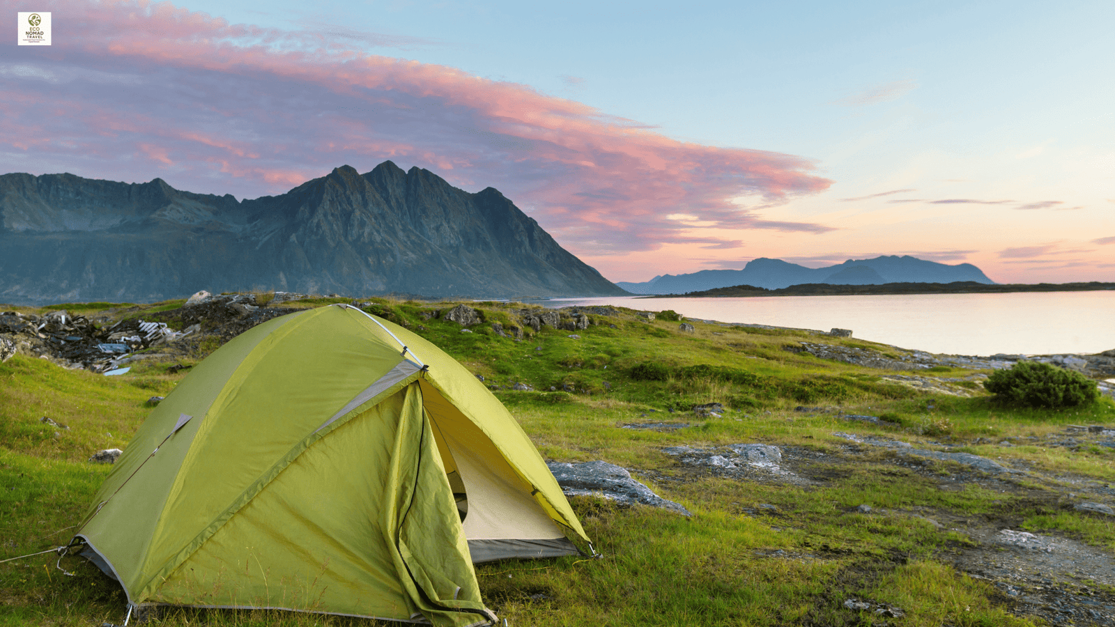 Eco tent overlooking fjords in the Lofoten Islands, Norway