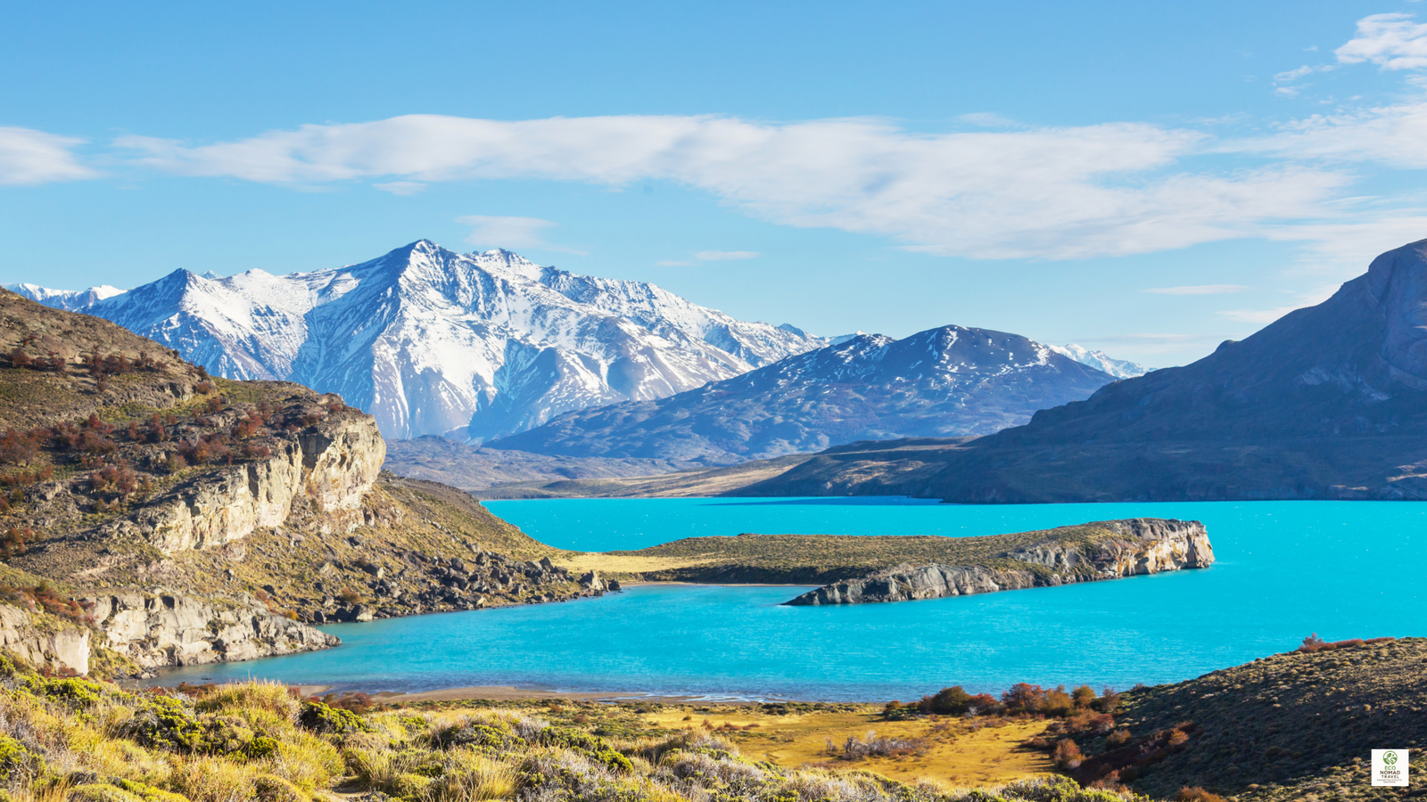Turquoise blue lake and mountains in Patagonia, suggesting a remote off-grid eco lodge setting for eco nomads in 2025.