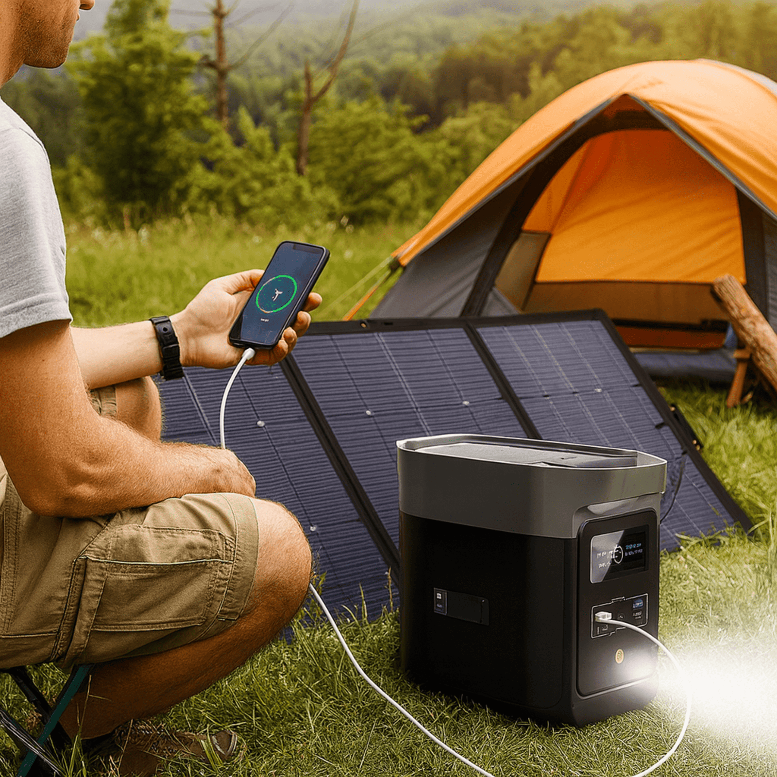 Portable solar generator and panel powering a remote campsite workstation for digital nomads.