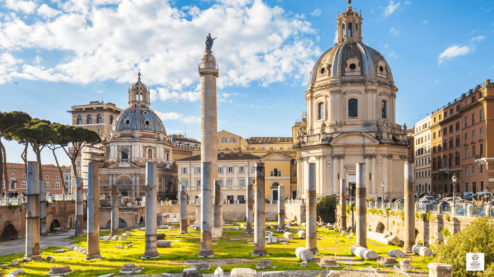 Trajan’s Forum and ancient Roman ruins in Rome, Italy, representing a historic finale on a European rail-first flight-free travel itinerary in 2025
