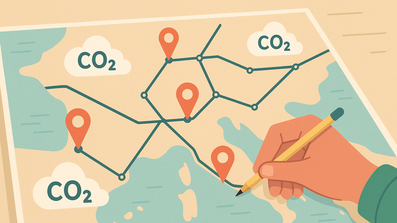 Flat illustration of a hand drawing a low-carbon rail route on a map with CO₂ icons, representing a travel carbon emissions calculator in 2025.
