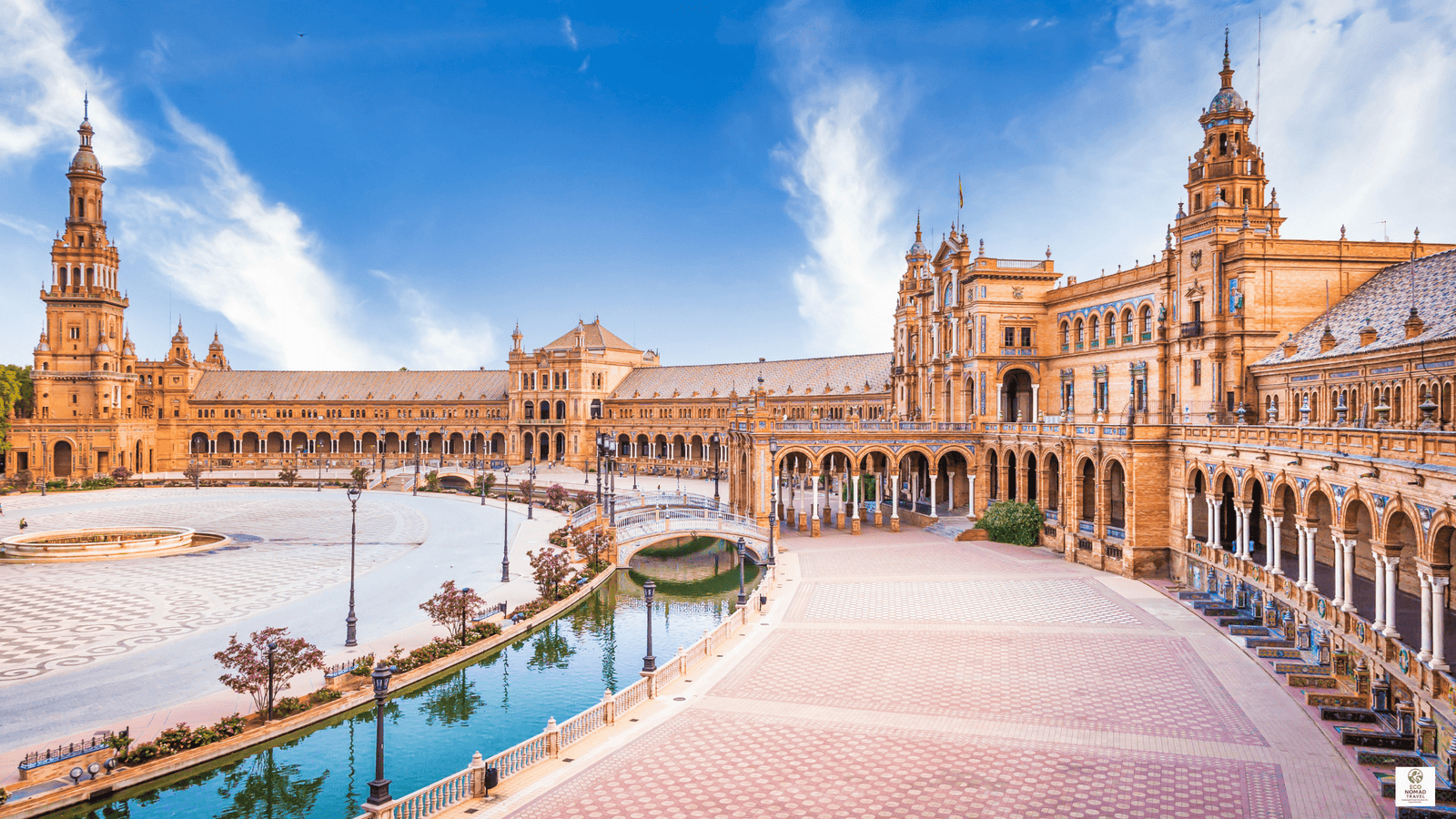 Plaza de España in Seville, Spain at sunrise, highlighting a landmark stop on a rail-first flight-free travel itinerary across Iberia in 2025