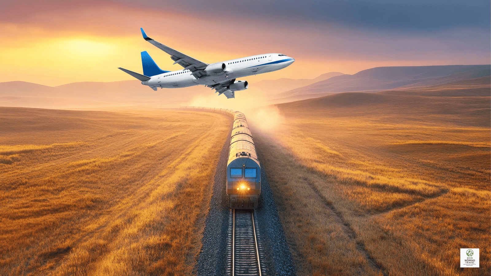 Split view of a train window and an airplane wing, illustrating the carbon footprint difference between trains and planes for 2025 travel itineraries