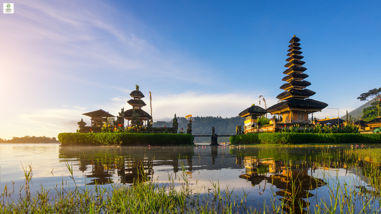 Ulun Danu Beratan Temple in Bali with surrounding highland lake