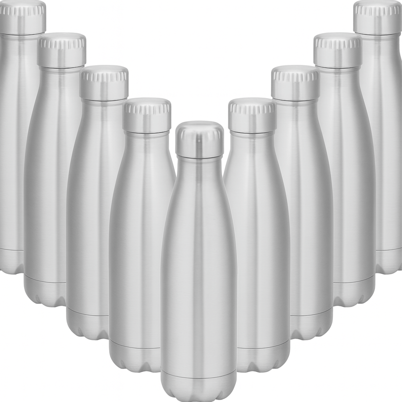 Eight stainless steel reusable water bottles arranged in a row for eco-conscious digital nomads.