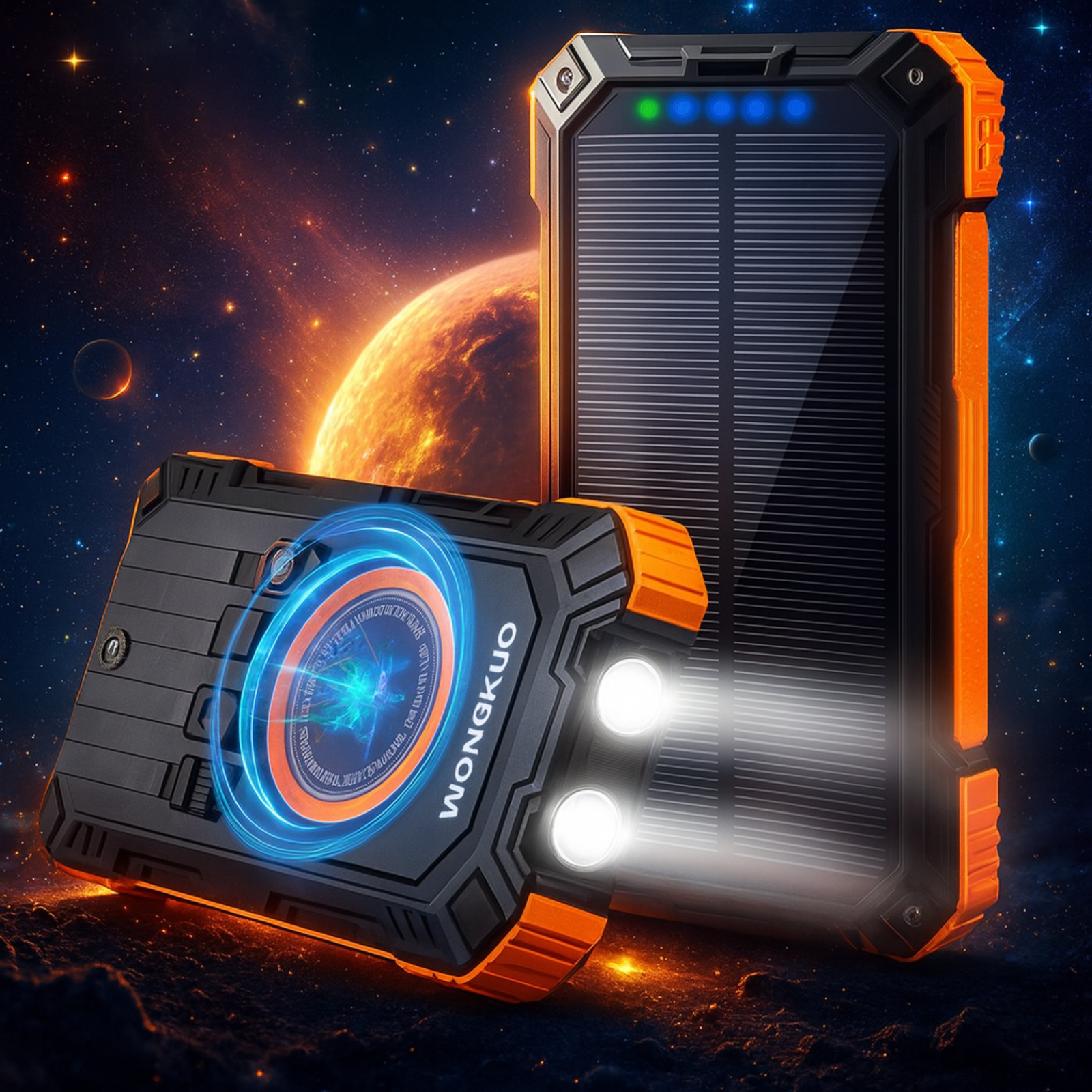 Rugged solar power bank with wireless charging ring and built-in flashlight for eco travel.