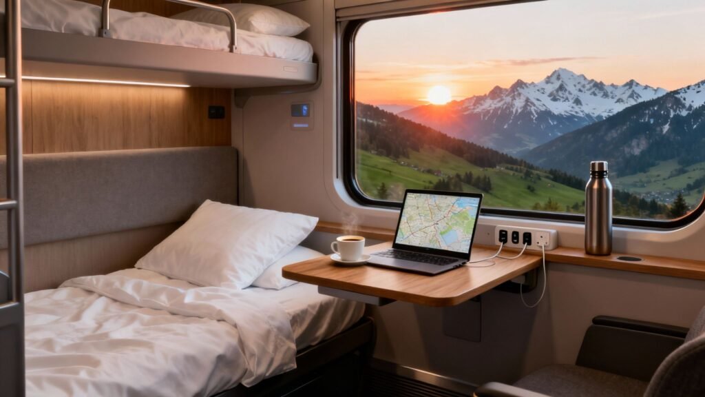 Train room with a laptop on the desk and a mountain view through the window, showing the best sleeper trains Europe work-and-ride experience