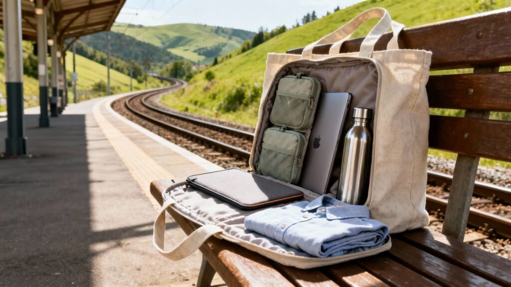 Best travel tote packed neatly on a bench by train tracks with organized travel essentials inside.