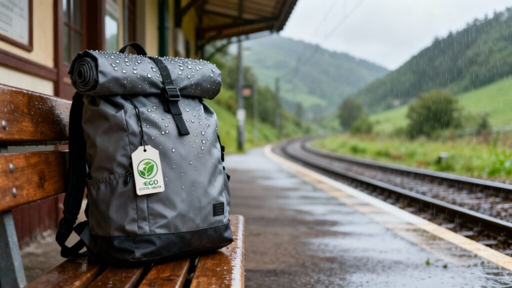 Waterproof backpack on a bench on a rainy day near train tracks, showing the best waterproof backpack for travel.