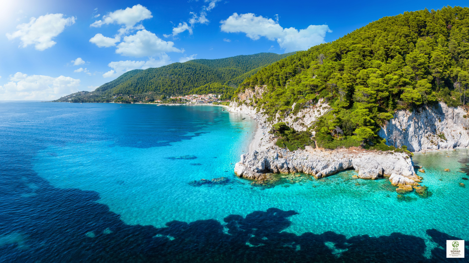 Rocky coast and clear turquoise water on a Sporades island in Greece, illustrating low-impact coastal travel in 2025.