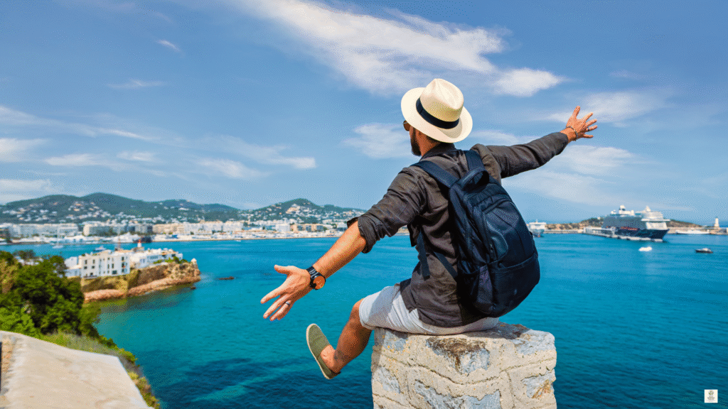 Digital nomad sitting on a rock pillar overlooking the ocean, symbolizing sustainable travel tools for 2025.