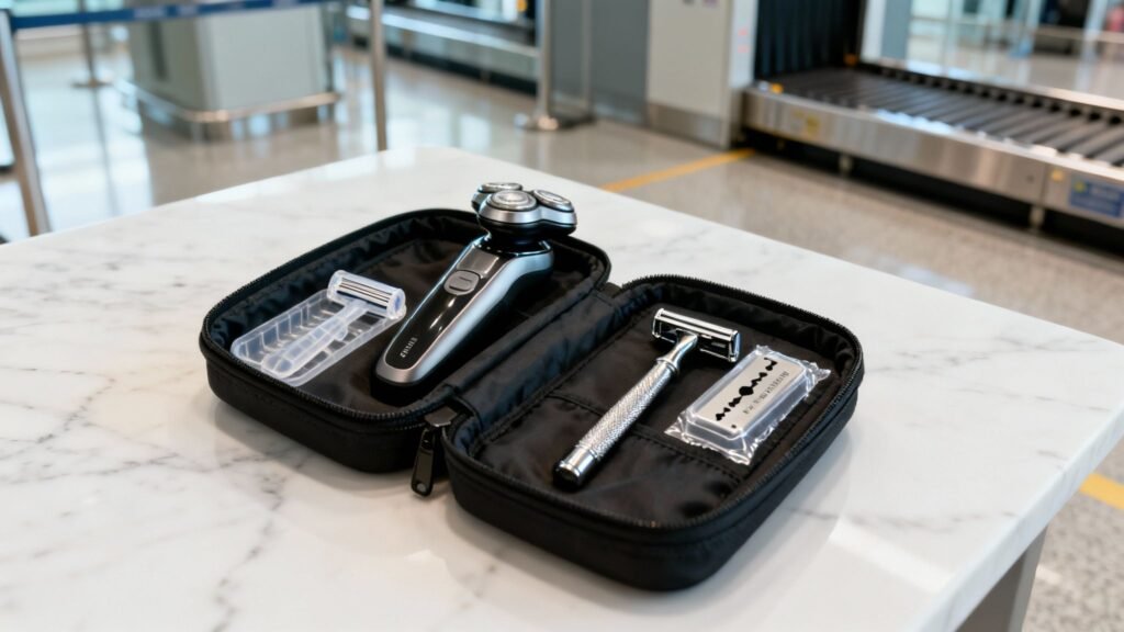 Are shaving razors allowed on planes? A travel shaving kit with an electric shaver, disposable razor, safety razor, and blades laid out in a case at an airport security area.