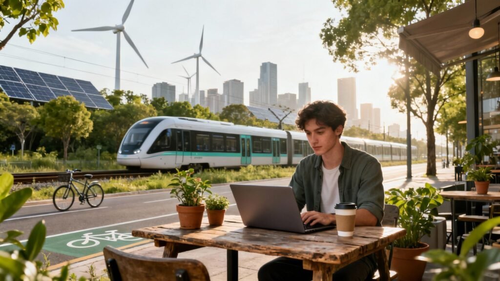 Man outside a train station with windmills and a city skyline behind him—best cities for digital nomads.