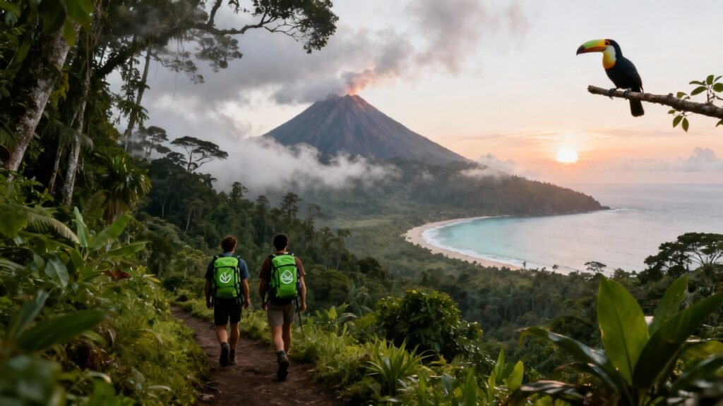 Best hikes in Costa Rica — two hikers descend a rainforest trail toward a volcanic coastline at sunrise, with a toucan perched overhead.