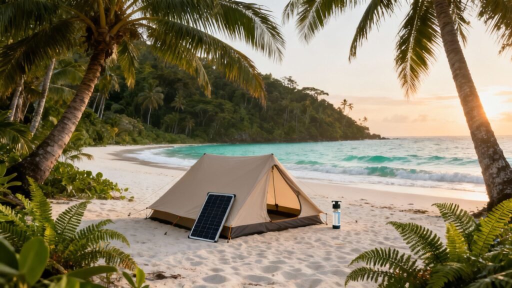 Camping in Puerto Rico on a quiet tropical beach with a tent, palm trees, and a small solar panel setup at sunrise.