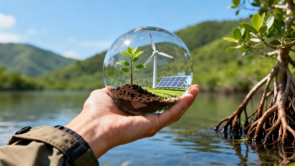 Carbon offsetting projects illustrated by a hand holding a glass globe with a seedling, wind turbine, and solar panel near mangroves