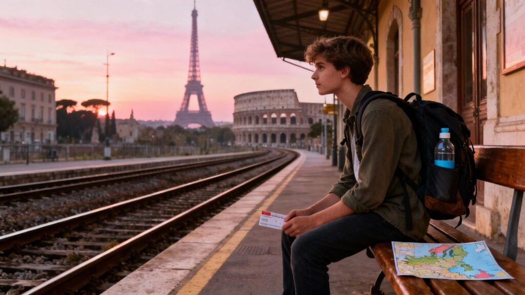 A backpacker sitting on a train station bench at sunset holding a ticket, with a Europe map nearby, showing the cheapest way to visit europe using rail travel.