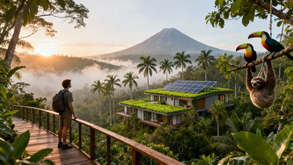 Costa Rica sustainable tourism eco lodge with solar panels, rainforest canopy, volcano view, and native wildlife including toucans and a sloth.