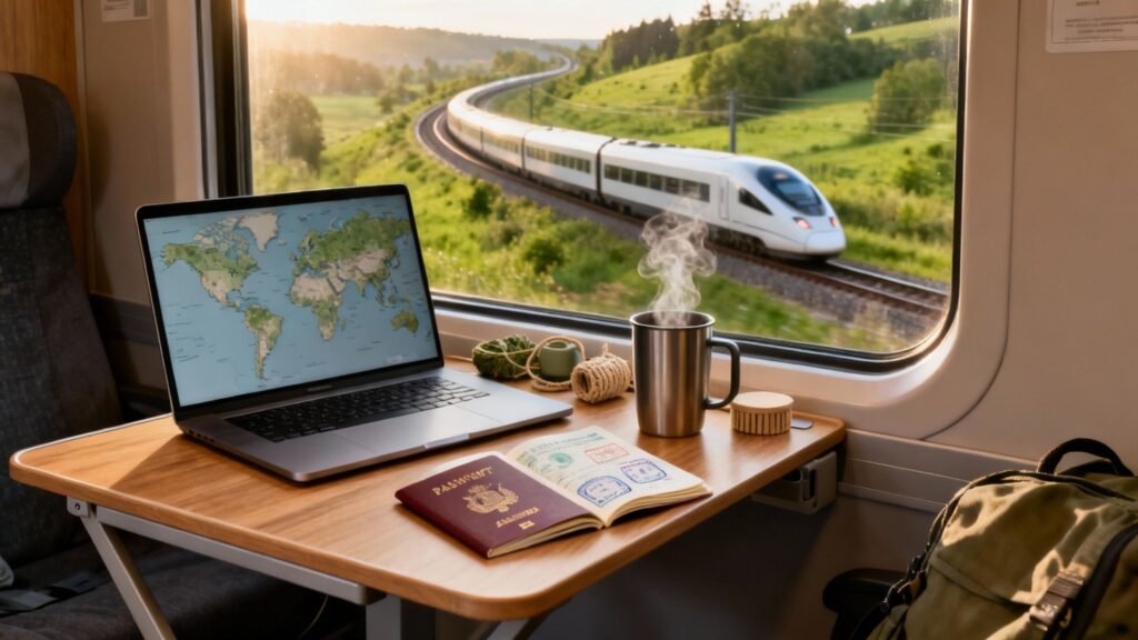 : Digital nomad visa planning setup on a train table with a laptop map, passport, travel stamps, and a hot drink as a high-speed train passes green countryside.
