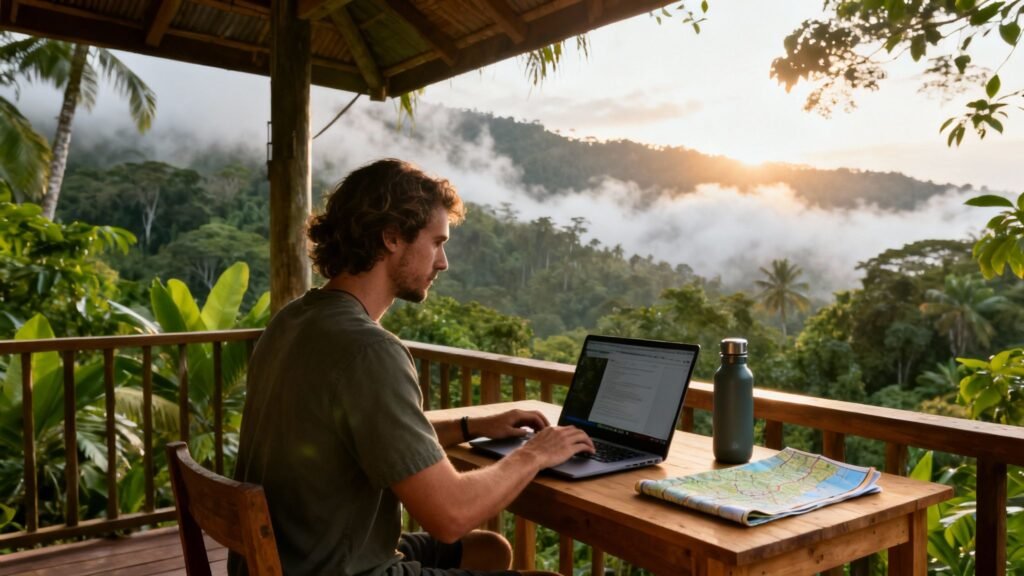 Ecotourism and Costa Rica — digital nomad working on a laptop from a rainforest lodge balcony at sunrise