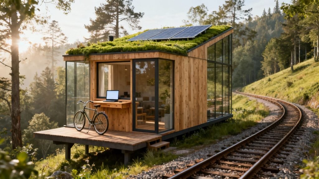 environmentally friendly accommodation with a modern eco cabin featuring a green roof and solar panels beside a railway track