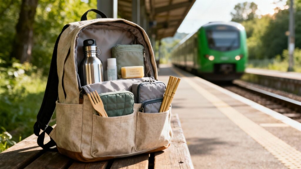 Green travel essentials packed in a reusable backpack at a train platform, with a train arriving in the background.