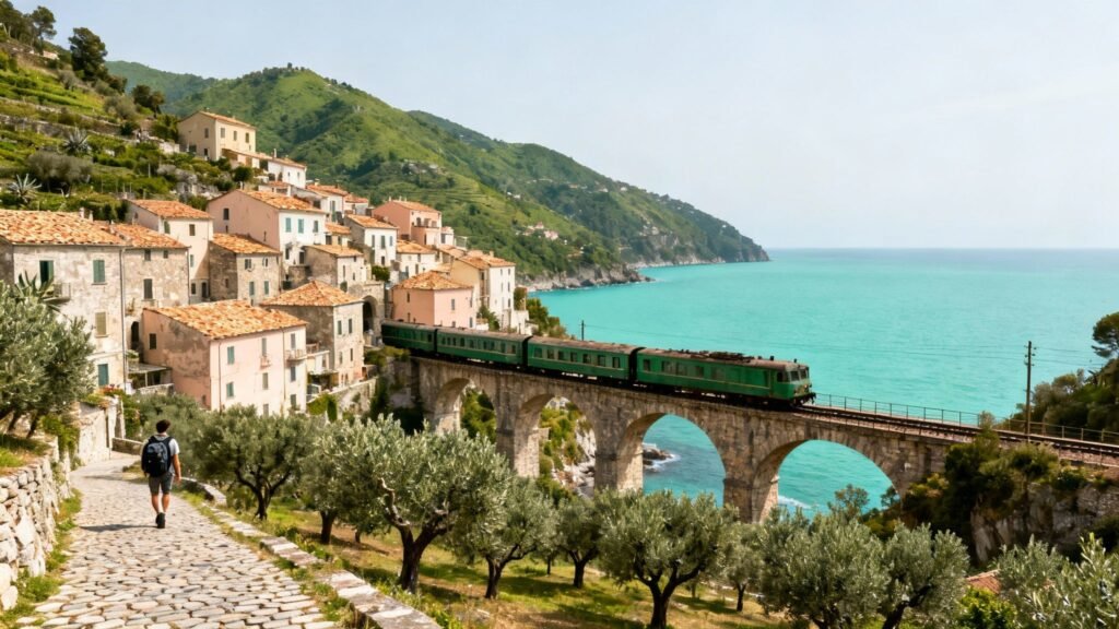 Hidden gems of Italy coastal seaside village with a green train crossing a stone viaduct above turquoise water and hillside homes.
