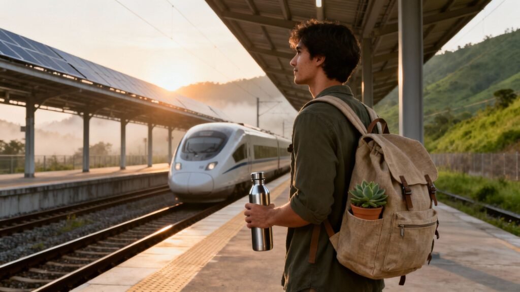 How can we reduce our ecological footprint by choosing train travel—traveler on a platform with a low-emission rail journey