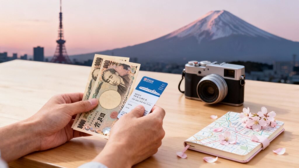 How much is a trip to Japan — hands holding Japanese yen and a transit ticket with Mount Fuji, camera, map notebook, and cherry blossoms.
