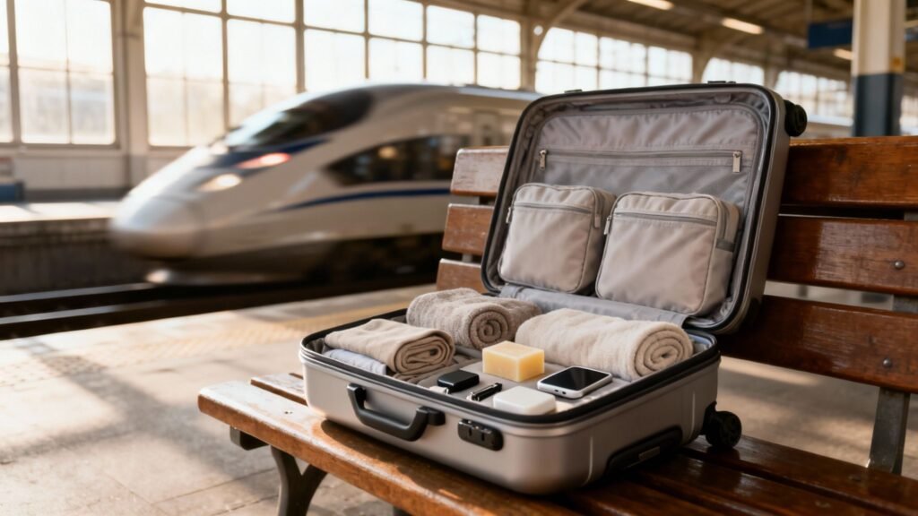 Packed carry-on suitcase with travel essentials on a bench at a train station, showing how to pack carry on only for a light trip.