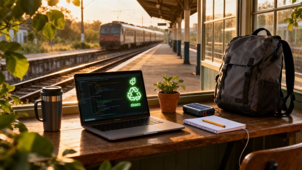 job for digital nomad remote workspace with laptop coding at a train station, backpack, notebook, and travel gear