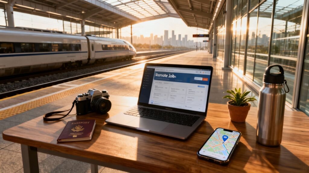 jobs for digital nomad remote job search setup on a laptop at a train station with passport, camera, and map
