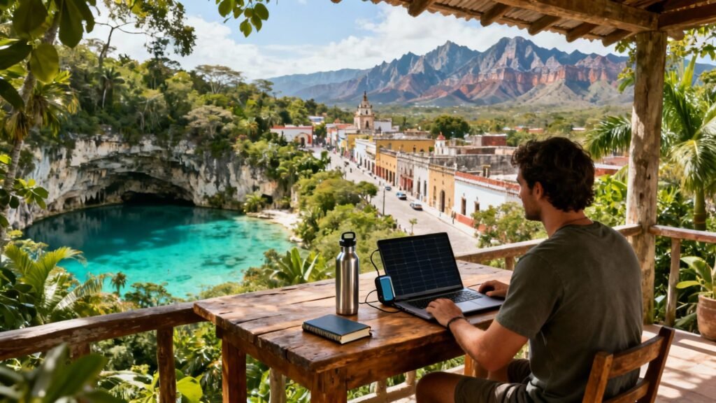 remote worker at a balcony desk overlooking a turquoise cenote and colorful colonial town in mexico tourism spots