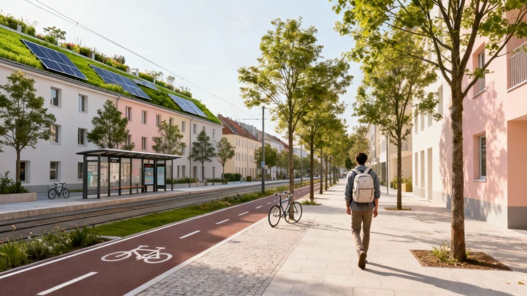 Safest cities to travel alone: a solo traveler walks along a clean, tree-lined street with bike lanes, a tram stop, and solar-roofed buildings.